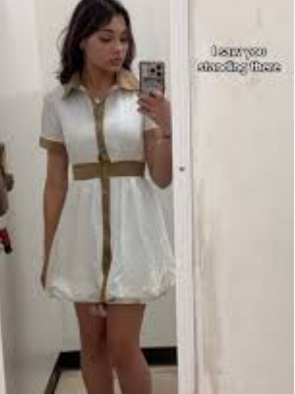 SHEIN White Mini Shirt Dress with Tan Trim
